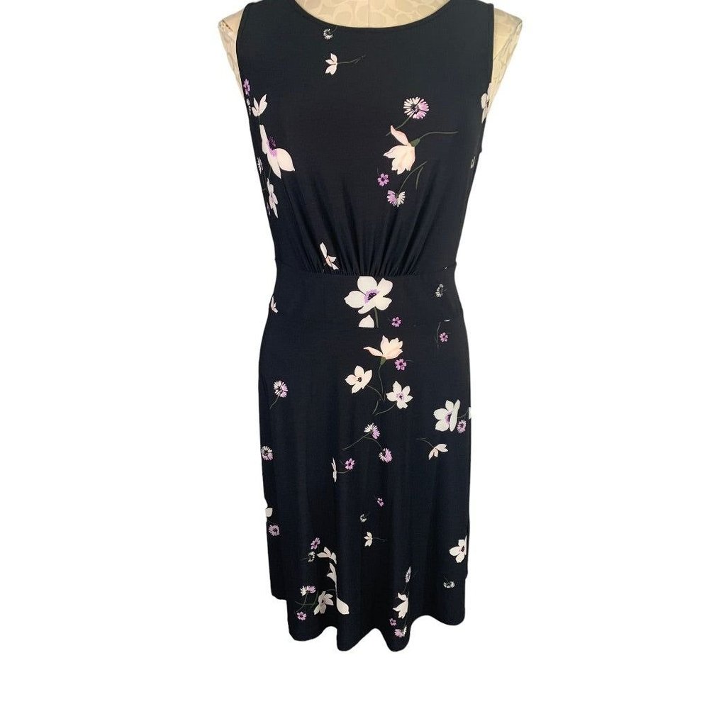 Medium Chaps Women's Floral Print Black Dress Sleeveless Tie Waist Back Zip